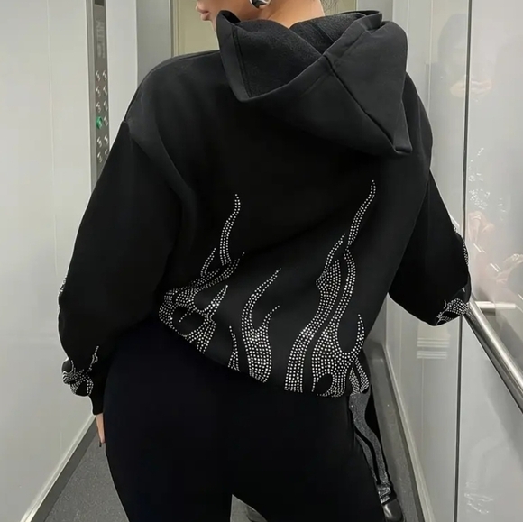 Black Zip-Up Hoodie with Rhinestone Flame Design - Picture 10 of 12